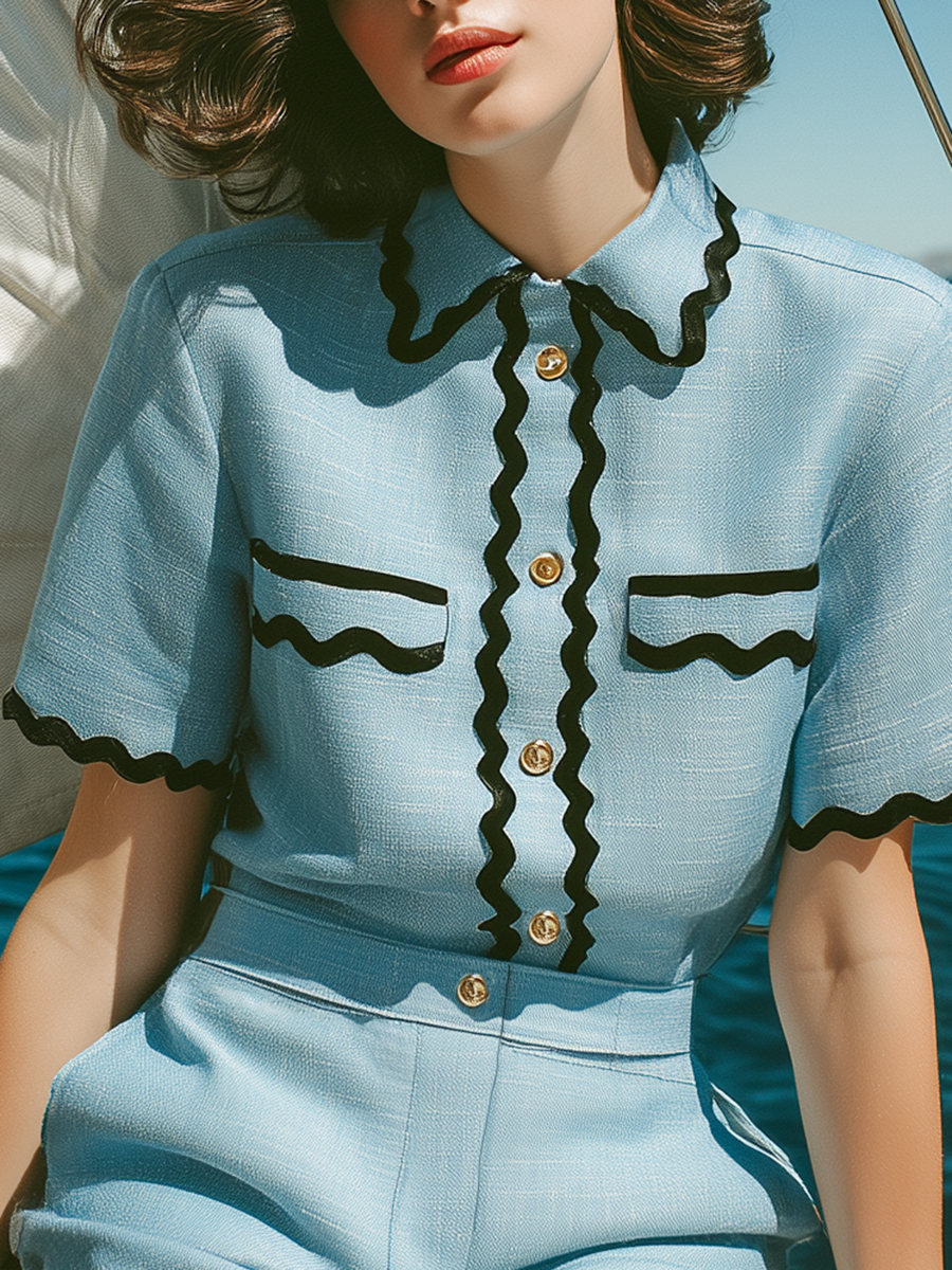 Stylish Vacation Black Wavy Trim Blue Top And Shorts Set