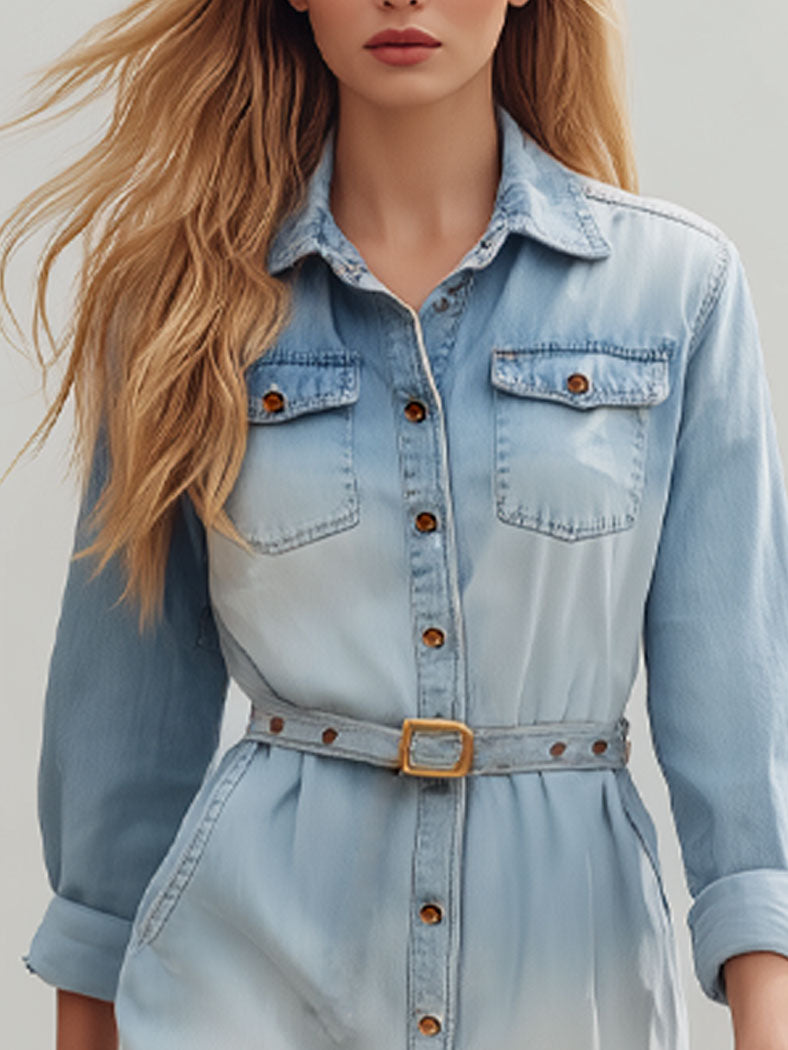 Classic And Fashionable Light Blue Washed Denim Gradient Shirt-Style Mini Dress