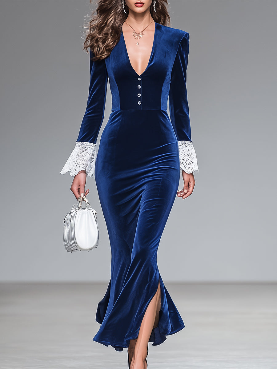Blue Velvet V-neck Lace Fishtail Maxi Dress