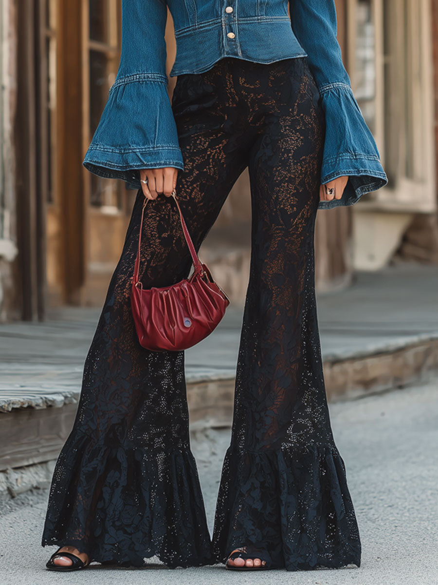Retro Bohemian Black Lace Flared Pants