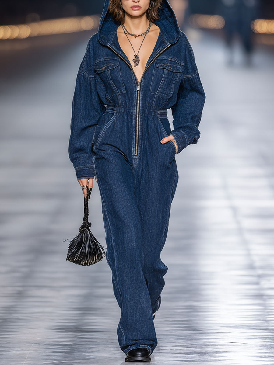 Fashionable Casual Blue Washed Denim Hooded Long-Sleeved Jumpsuit
