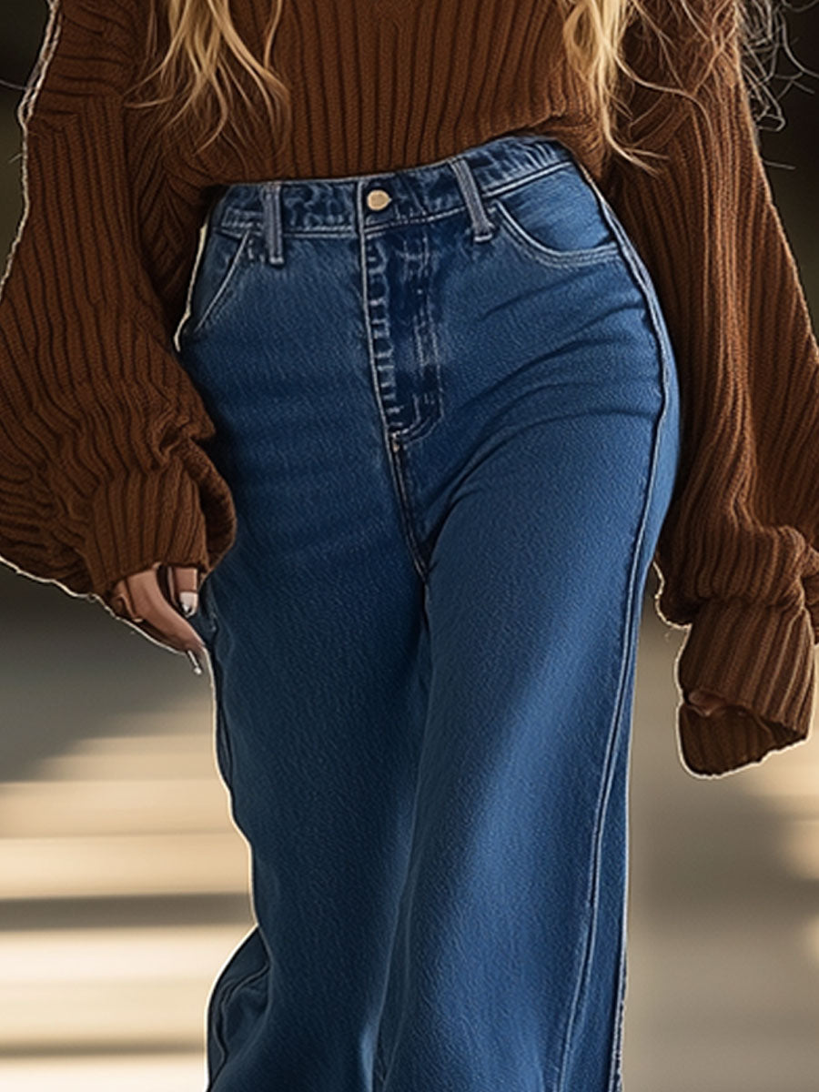 Vintage Casual Loose Raw Edge Wide Leg Flared Blue Jeans