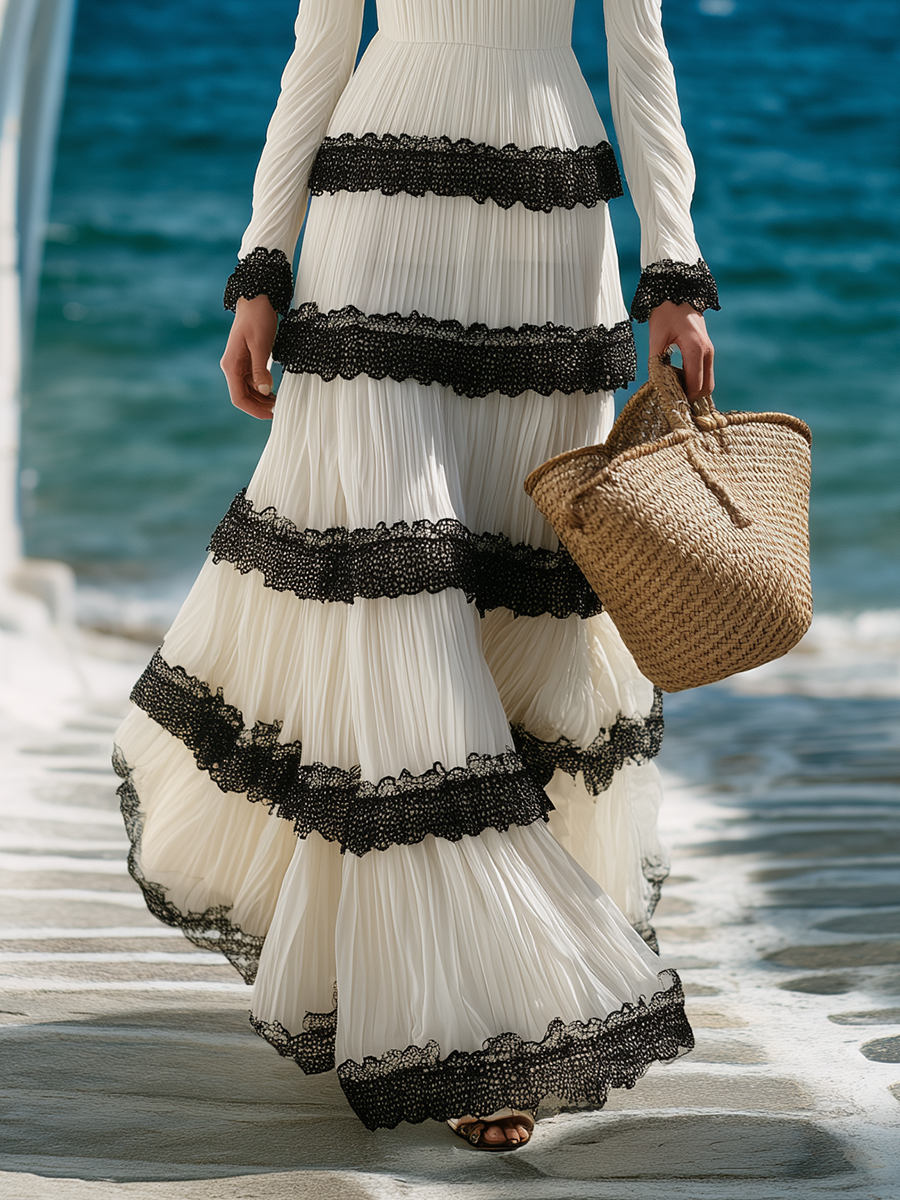 Elegant Vacation Black Lace And White Crinkled Fabric Maxi Dress