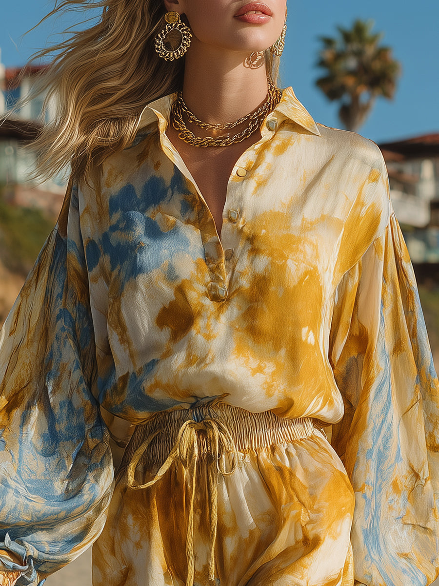Bohemian Resort Mustard Yellow And Blue Tie-Dye Chiffon Shirt And Shorts Set
