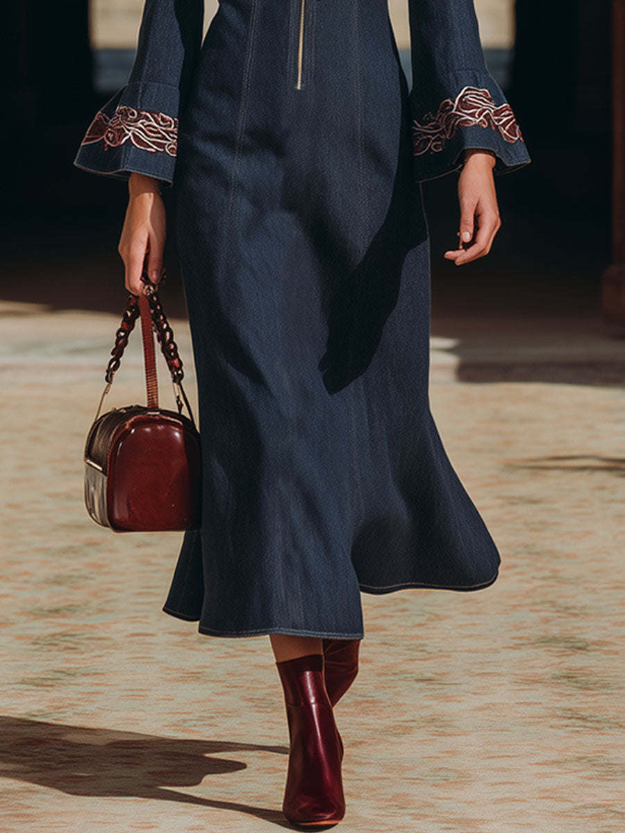 Vintage Embroidered V-Neck Zipper Navy Denim Flared Long Sleeve Midi Dress