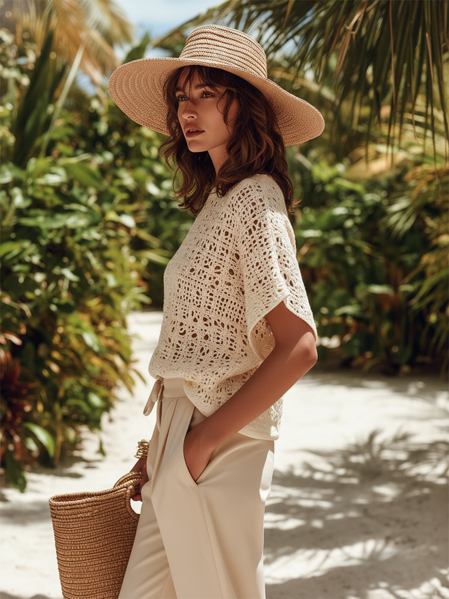 Stylish, Vacation-style Openwork Knit Short-sleeved Top