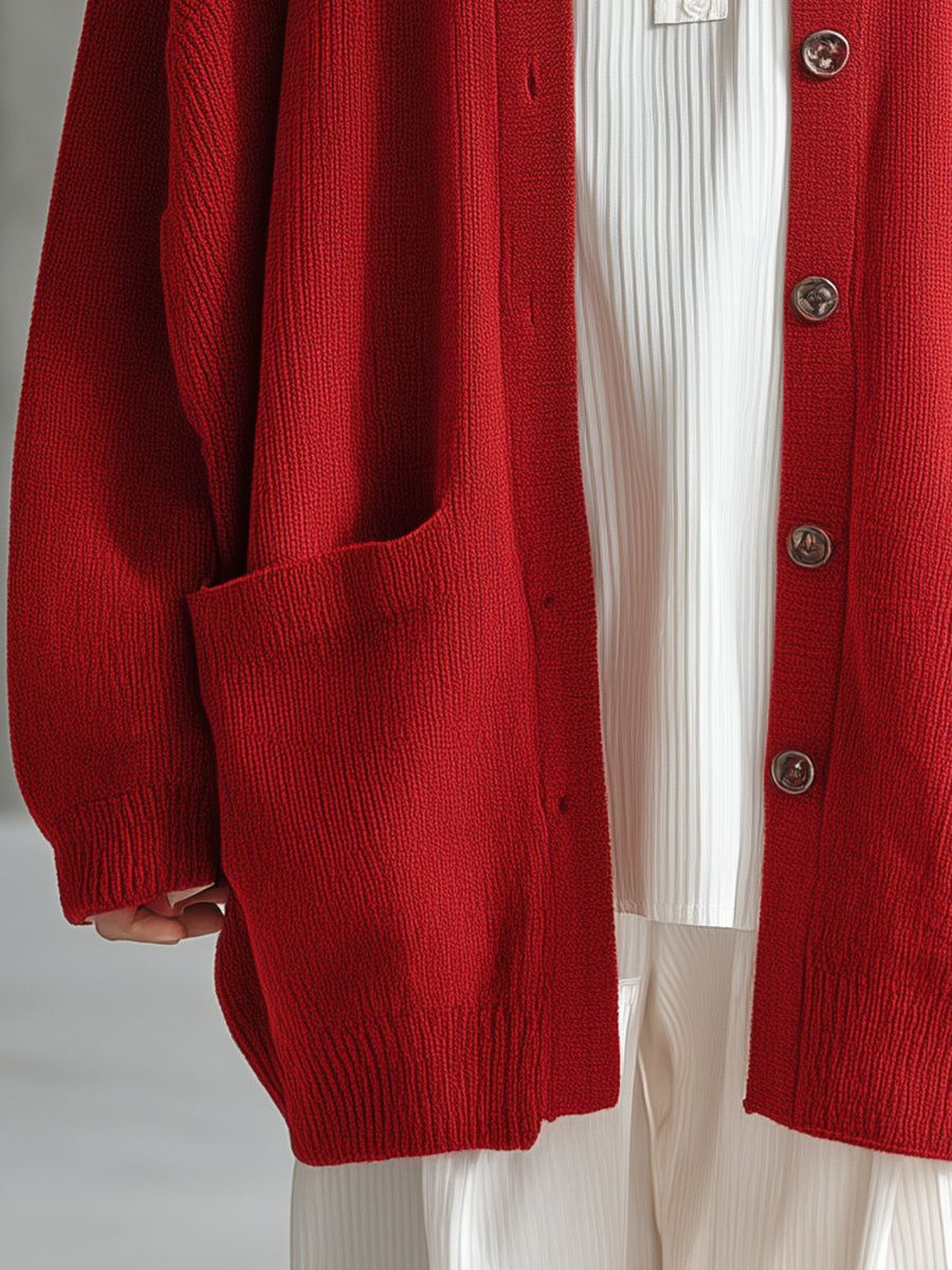Simple And Fashionable Lapel Red Knitted Cardigan
