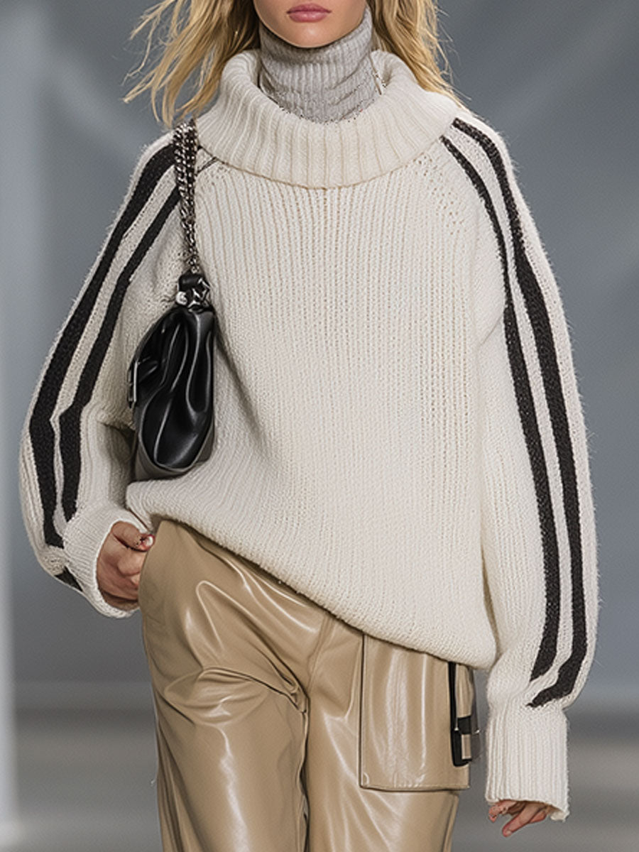 High-End Fashion Loose Turtleneck Black And White Knitted Sweater