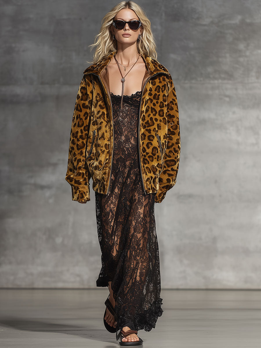 Casual Vintage Gold Velvet Leopard Print Zipper Jacket