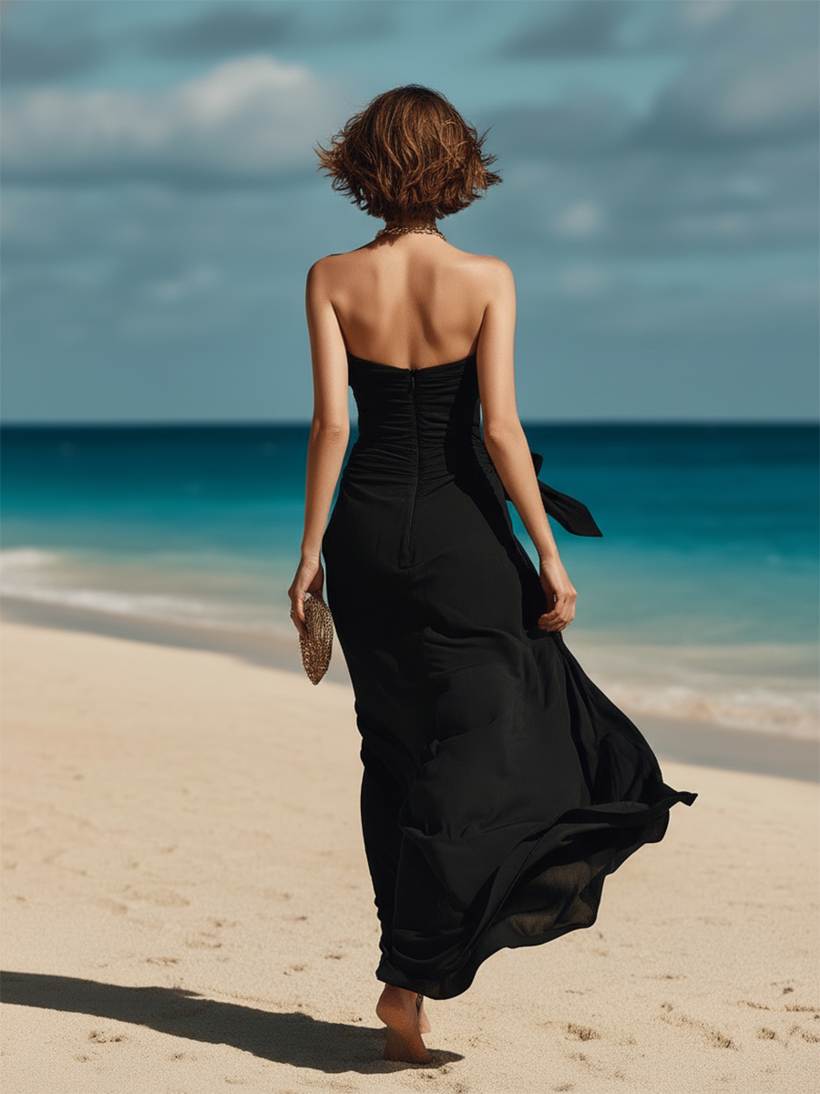 Black Slit-front Off-the-shoulder Resort-style Cotton Maxi Dress
