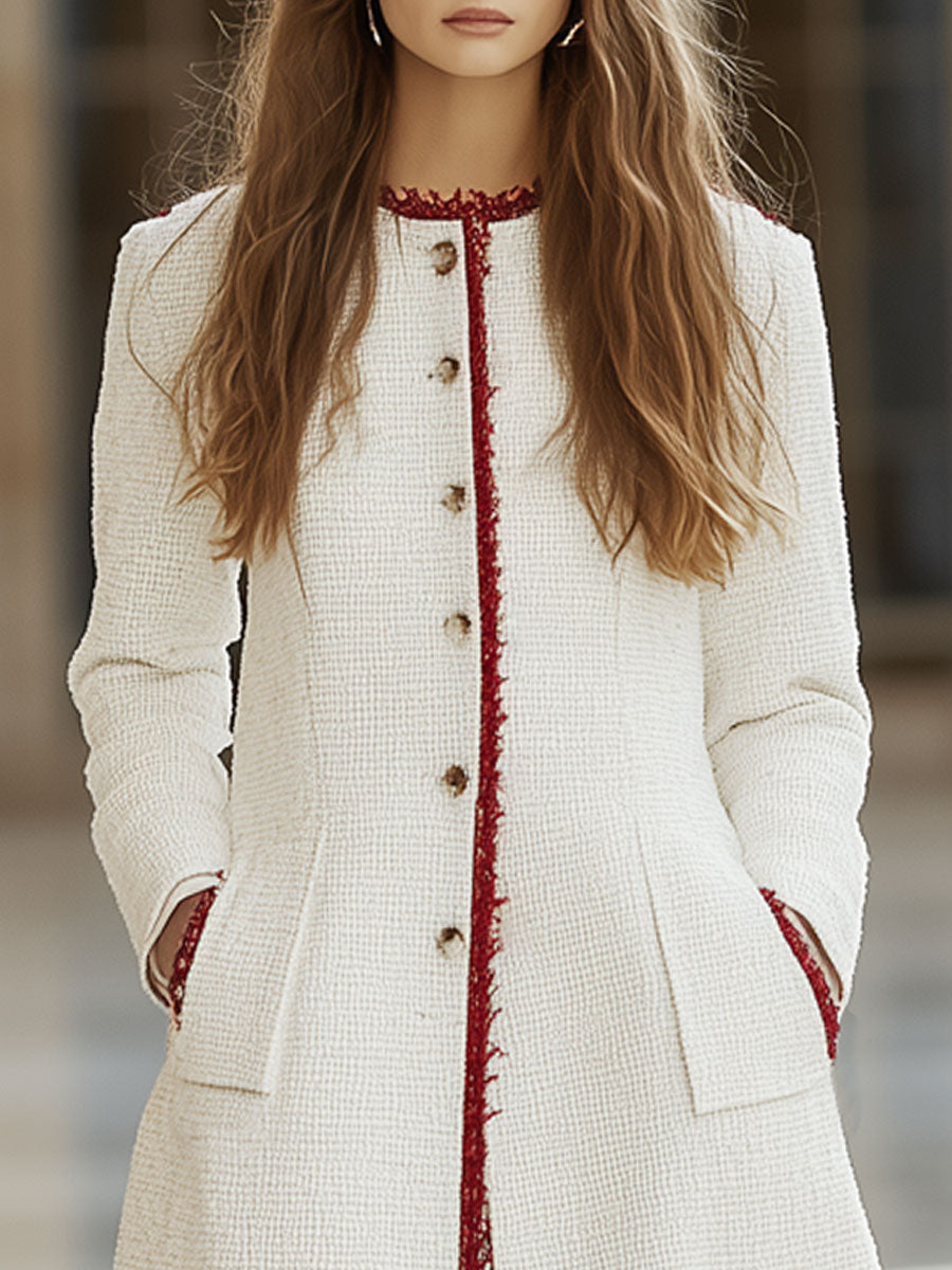 Vintage Elegant Red Trim White Tweed Round Neck Coat