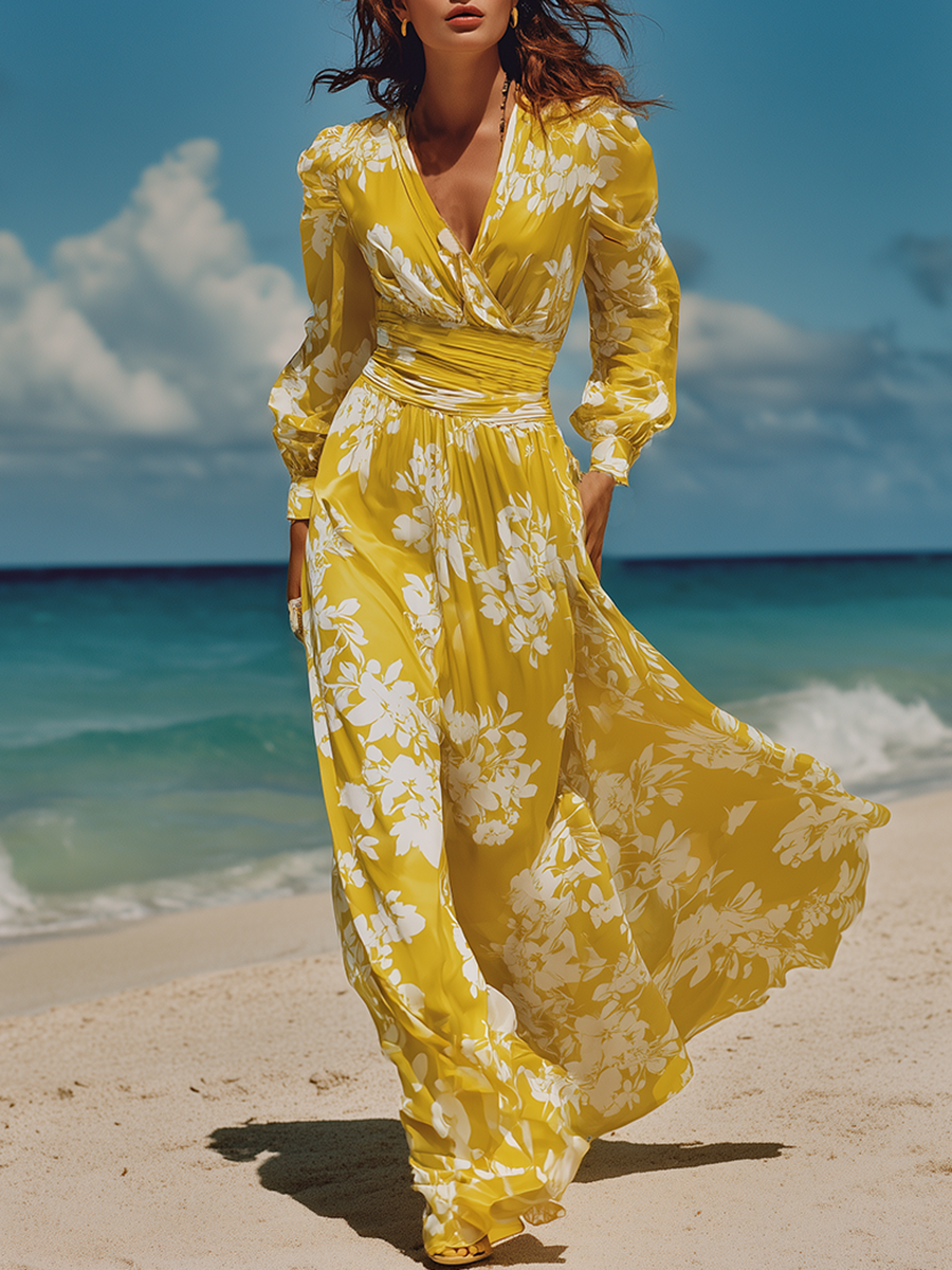 V-neck Long-sleeved Satin Printed Maxi Dress