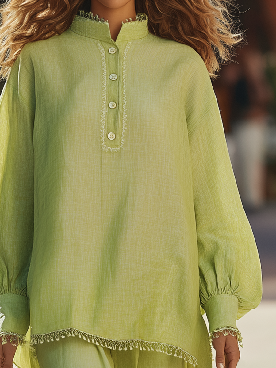 Bohemian Style Embroidered Tassel Long-sleeved Shirt And Pants Set