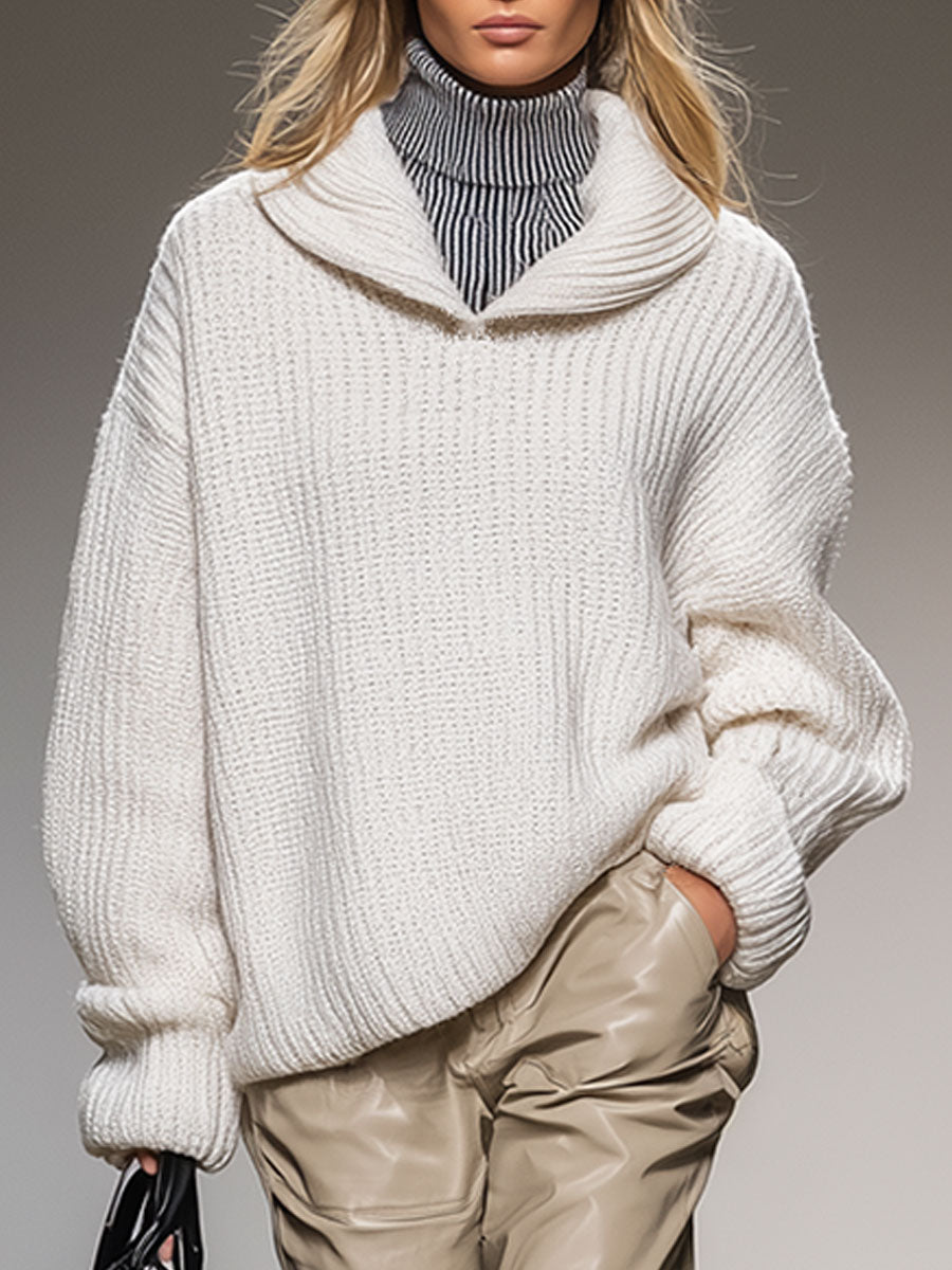 High-End Fashion Loose Lapel White Knitted Sweater