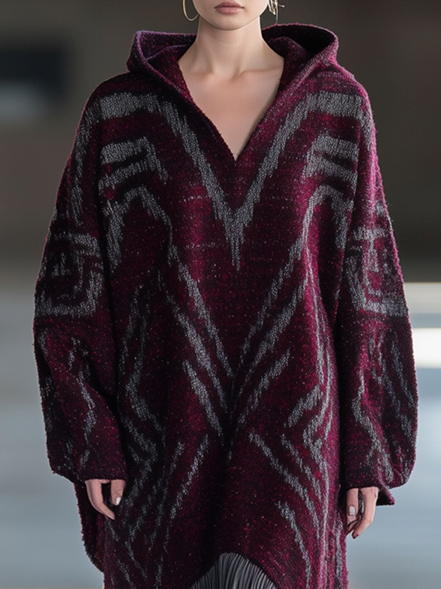 Retro Casual Loose Geometric Knitted Hooded Tassel Purple Midi Dress