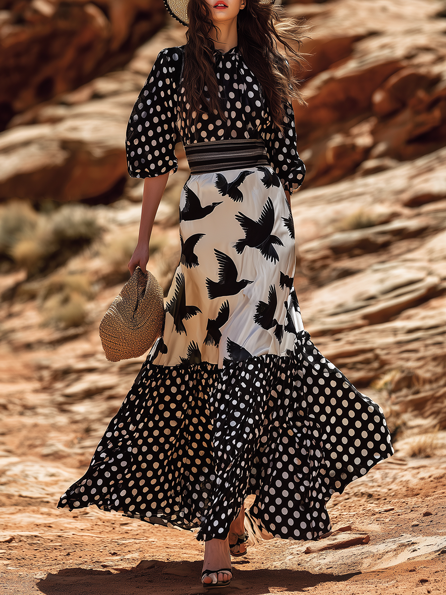 Stylish Vacation-inspired Polka Dot And Seagull Prints Maxi Dress