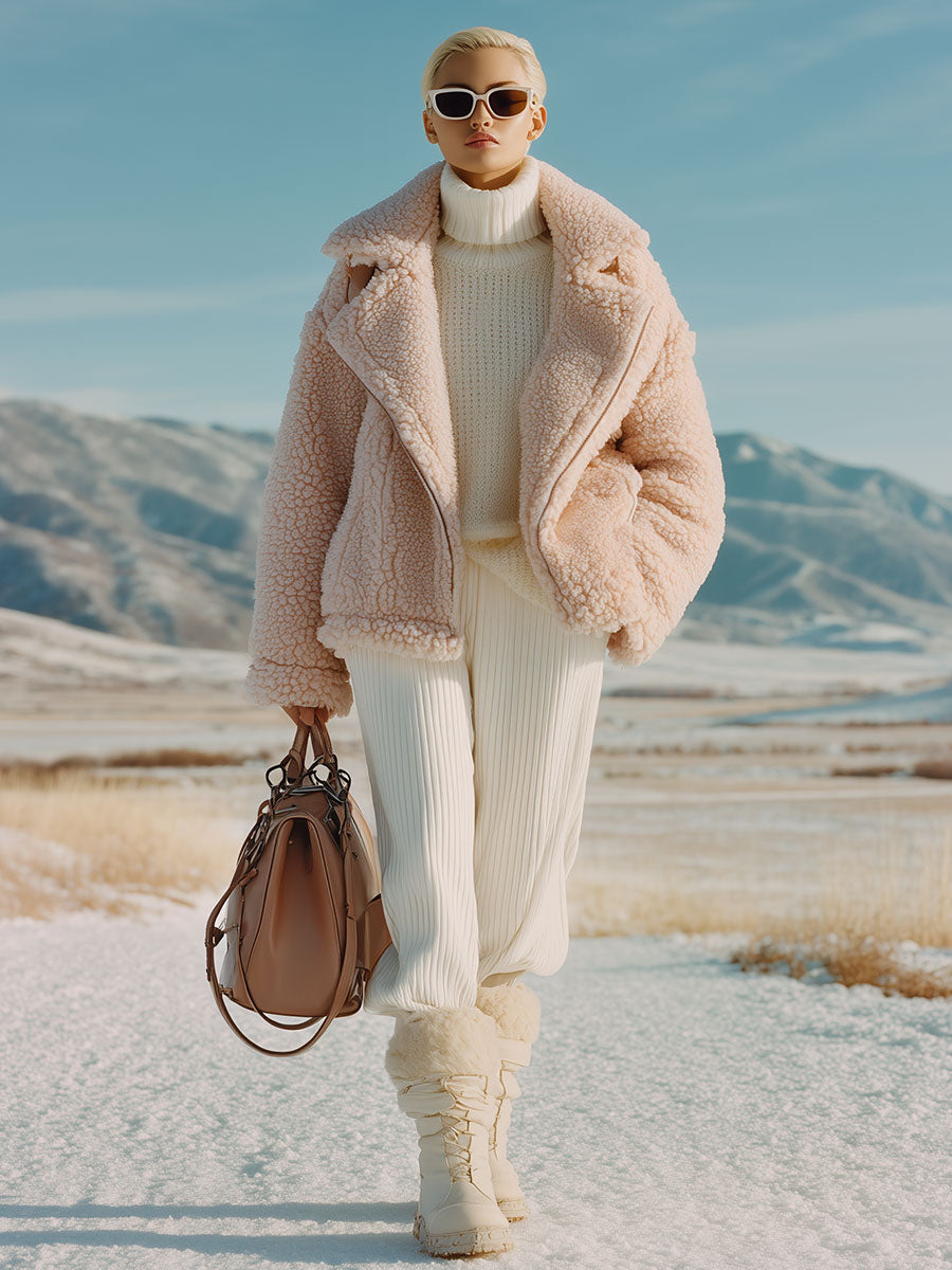 Fashion Retro Pink Lapel Zipper Short Wool Coat