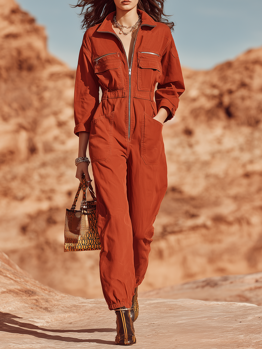 Vacation And Adventure Style Red Cotton Long-sleeved Jumpsuit