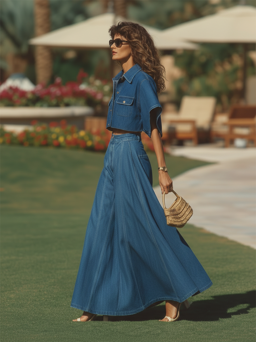 Vacation-style Denim Long-sleeved Top And Skirt Set