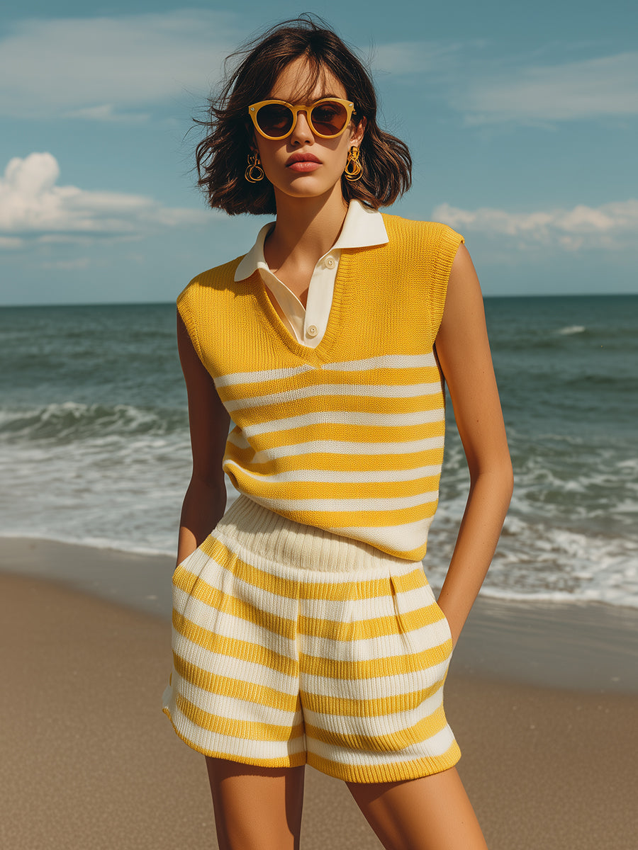 Summer Beach Yellow And White Striped Knit Sleeveless Top And Shorts Set