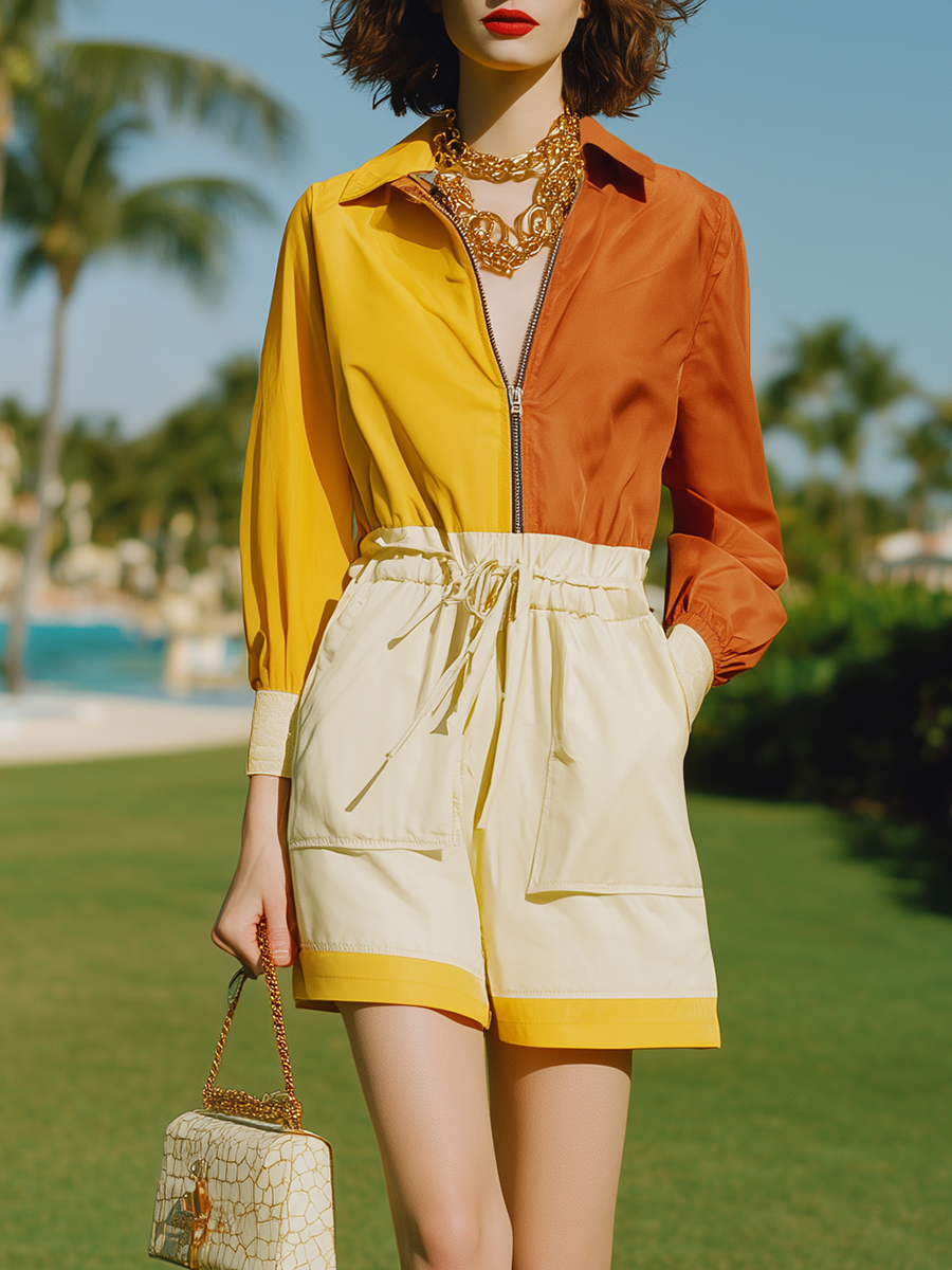 Vacation-style Color-blocked Long-sleeved Jumpsuit