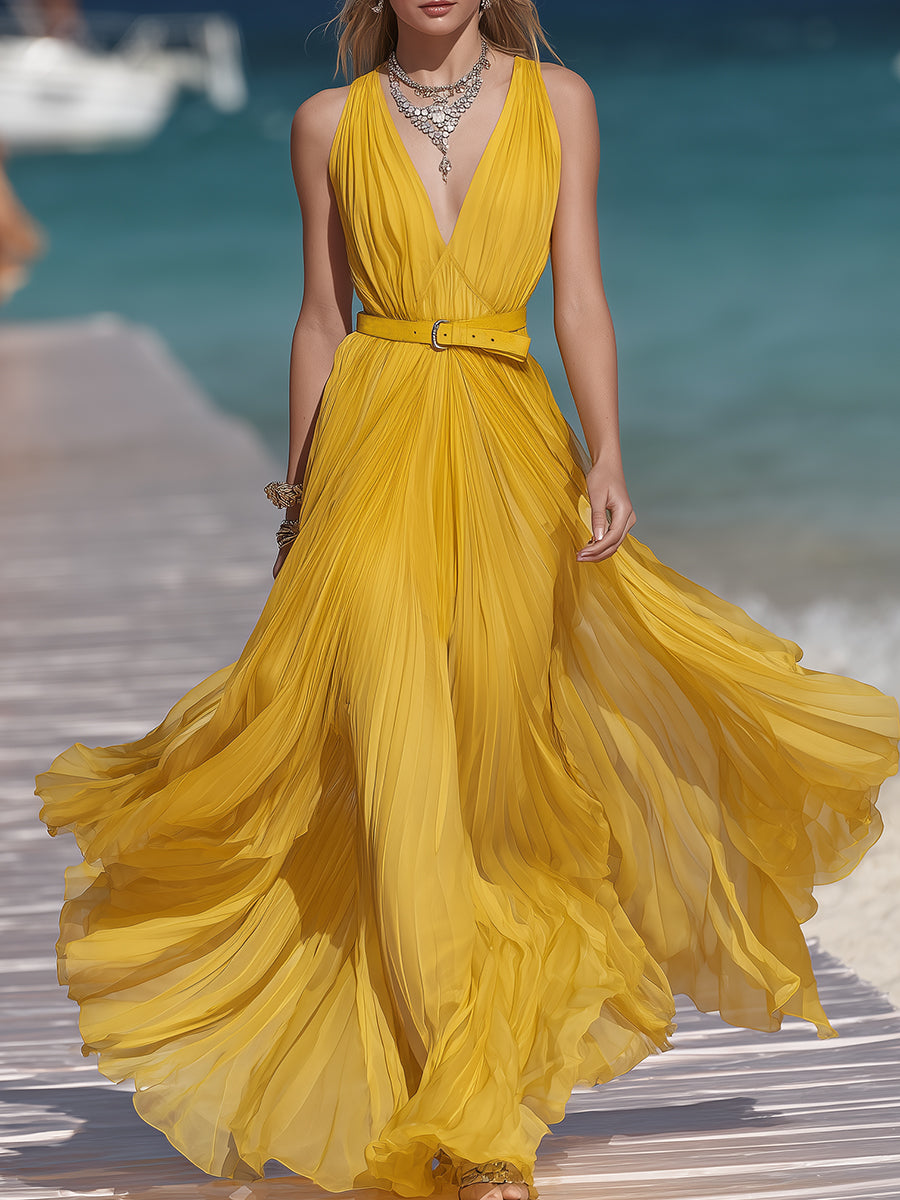 High-end Resort Yellow Chiffon Pleated V-neck Fitted Maxi Dress