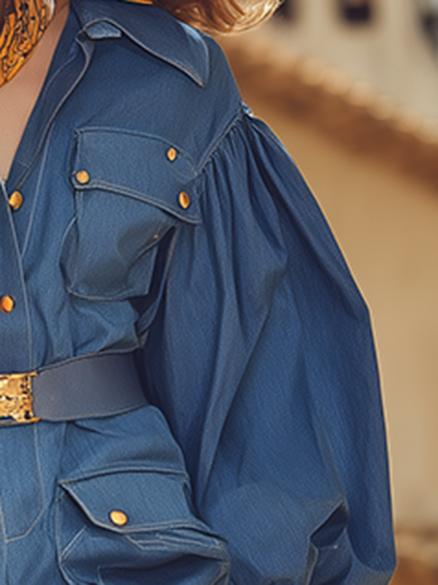 Blue Denim Long-sleeved Jumpsuit