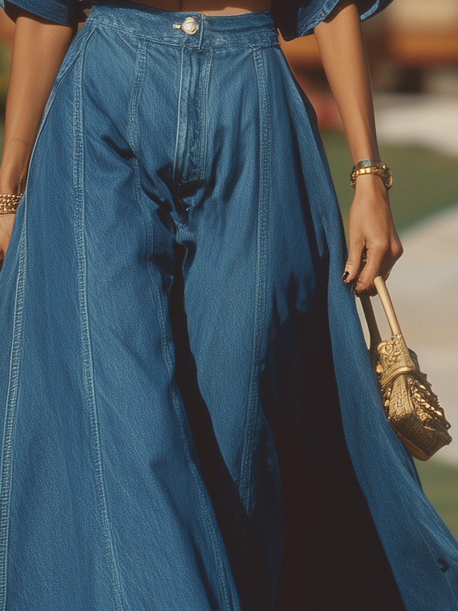 Vacation-style Denim Long-sleeved Top And Skirt Set