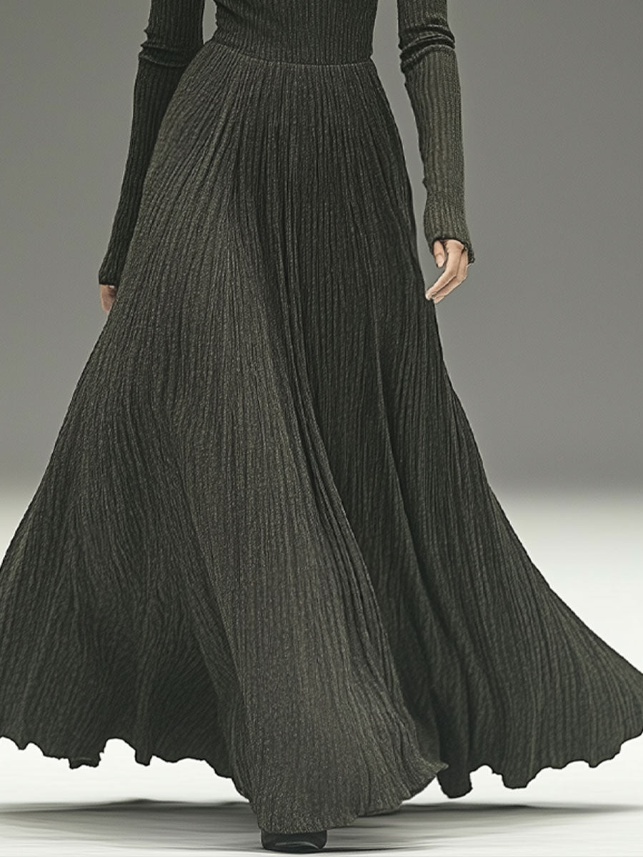 Fashionable And Elegant Gray-Green High-Neck Ribbed Woolen Maxi Dress