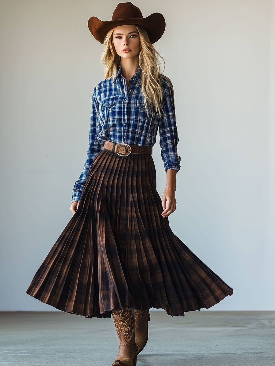 Casual Retro Brown Plaid Pleated Skirt