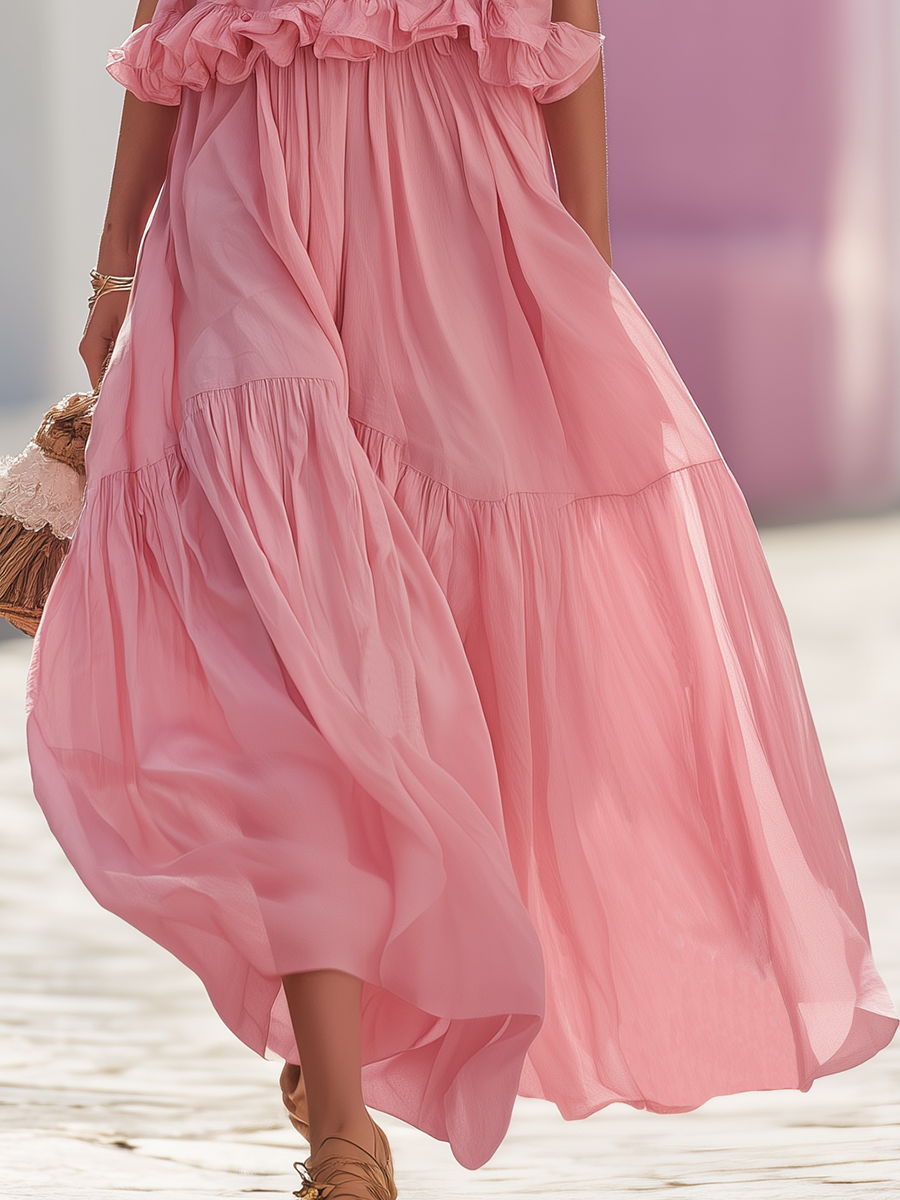 Vacation-style Pink Cotton Sleeveless Top And Skirt Set