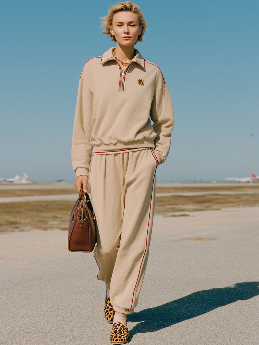 Vintage Long Sleeve Striped Trim Khaki Henley Sweatshirt Pants Set
