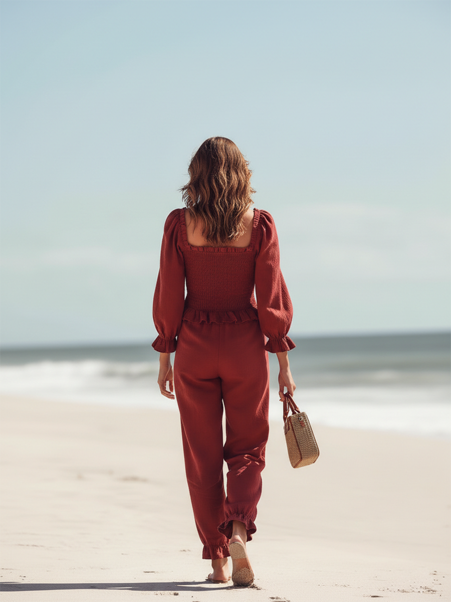 Vacation-style Red Cotton Long-sleeved Shirt And Trousers Set