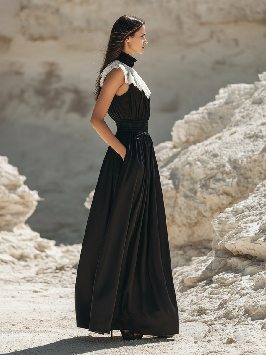 Elegant And Stylish White Lace-collared Black Satin Sleeveless Maxi Dress