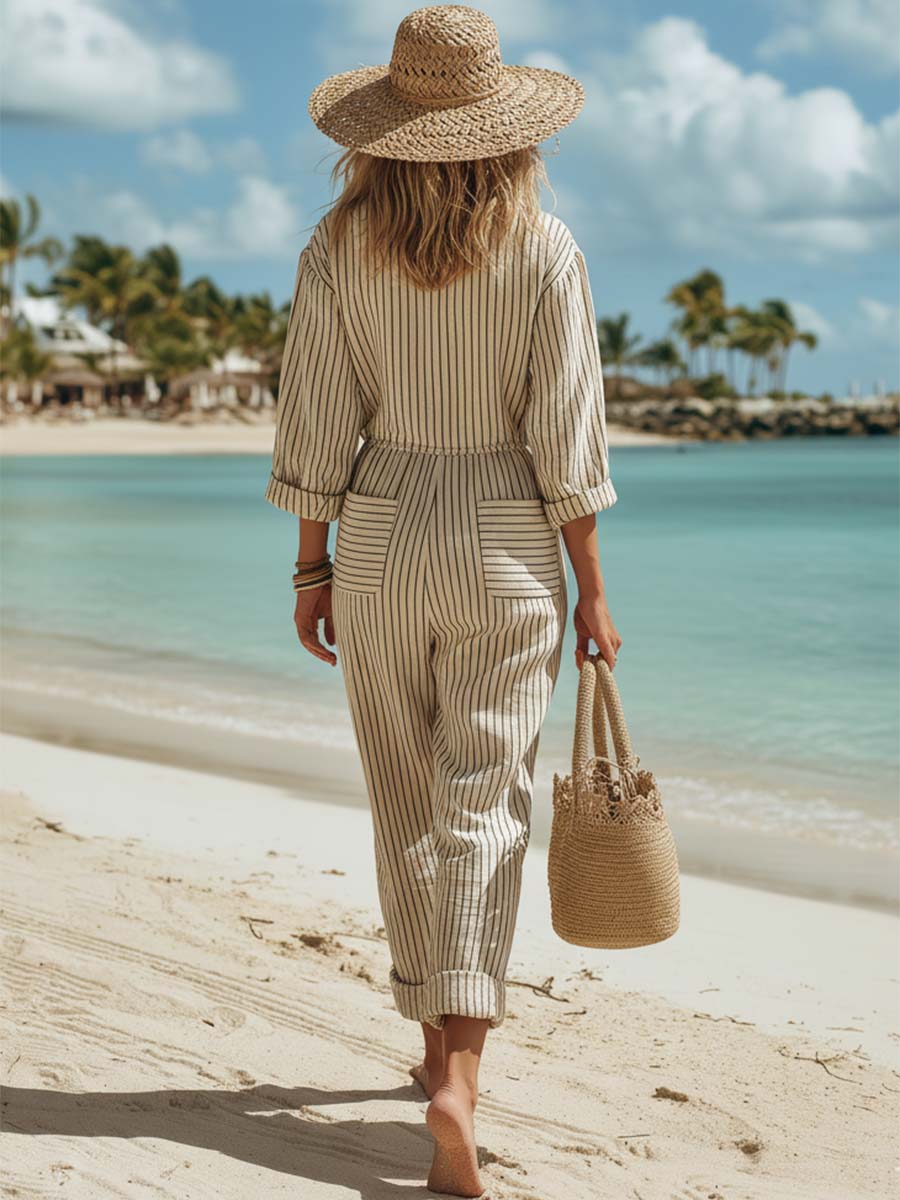 Relaxed Vacation Striped Off-white Cotton Linen Long-sleeved Loose Jumpsuit