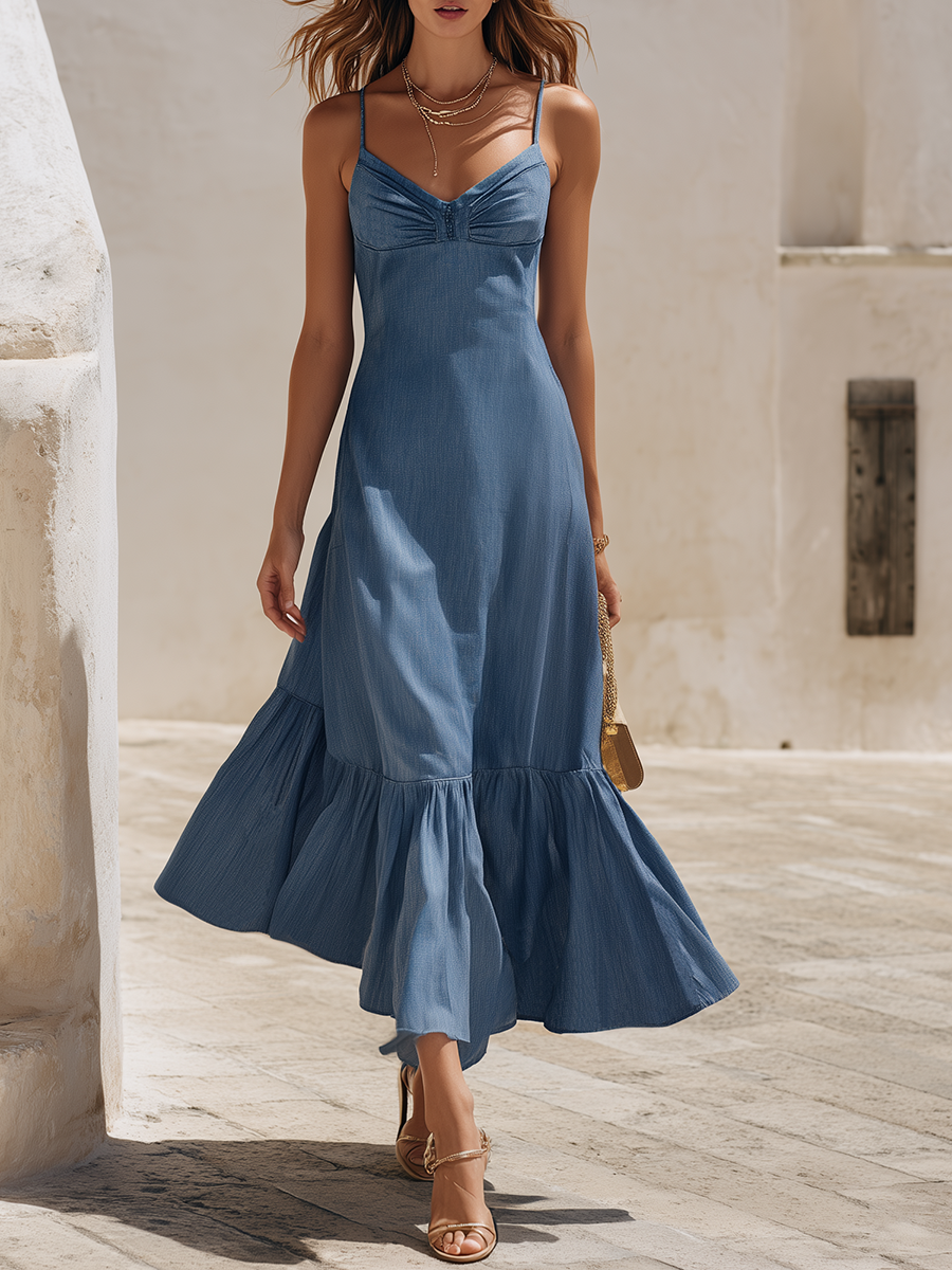 Vacation-style Blue Spaghetti Strap Tencel Maxi Dress