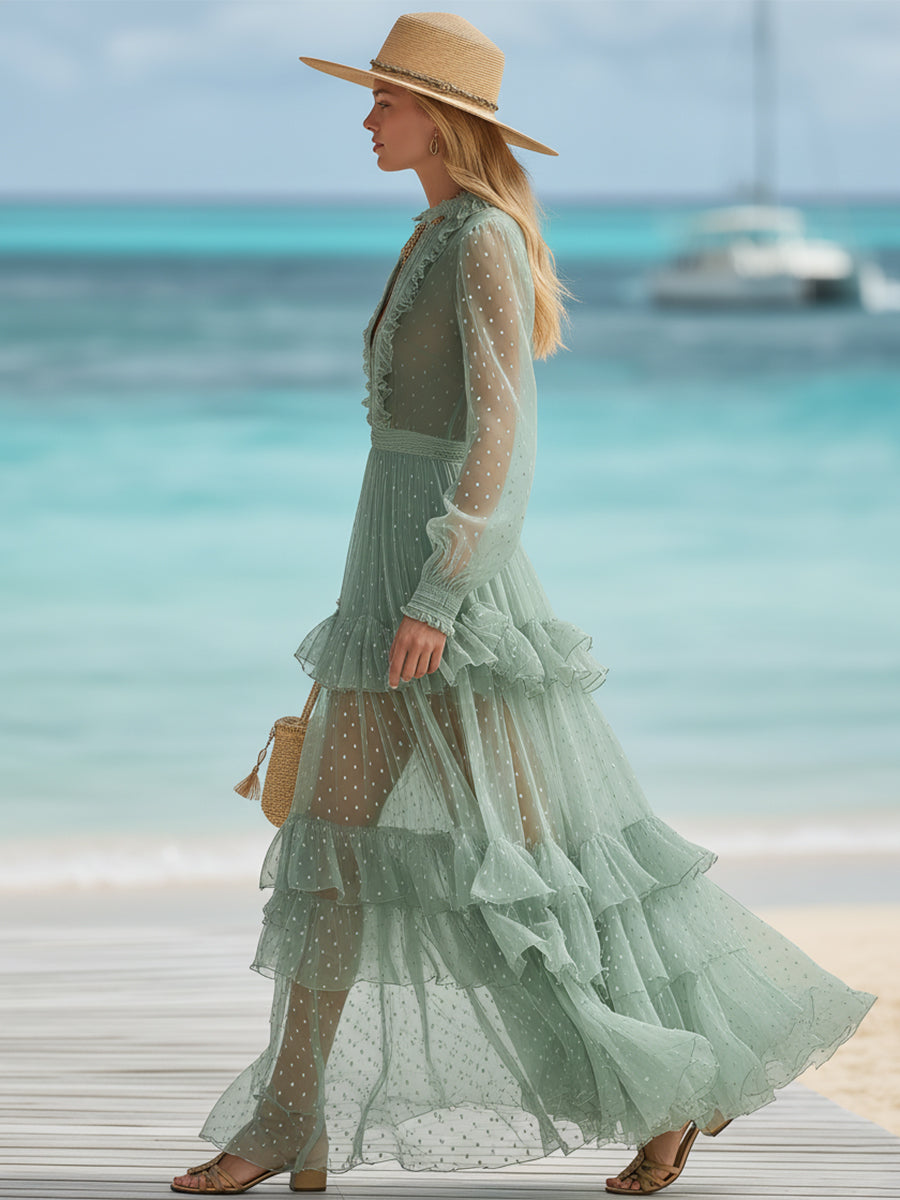 Fresh Bohemian Style Light Green Polka Dot Chiffon Ruffle Maxi Dress