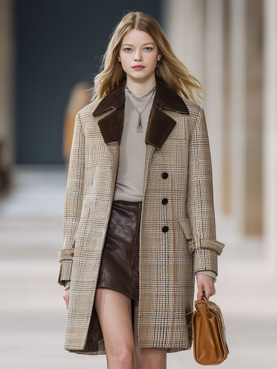 Casual Loose Retro Plaid Wool Patchwork Buttoned Mid-Length Coat