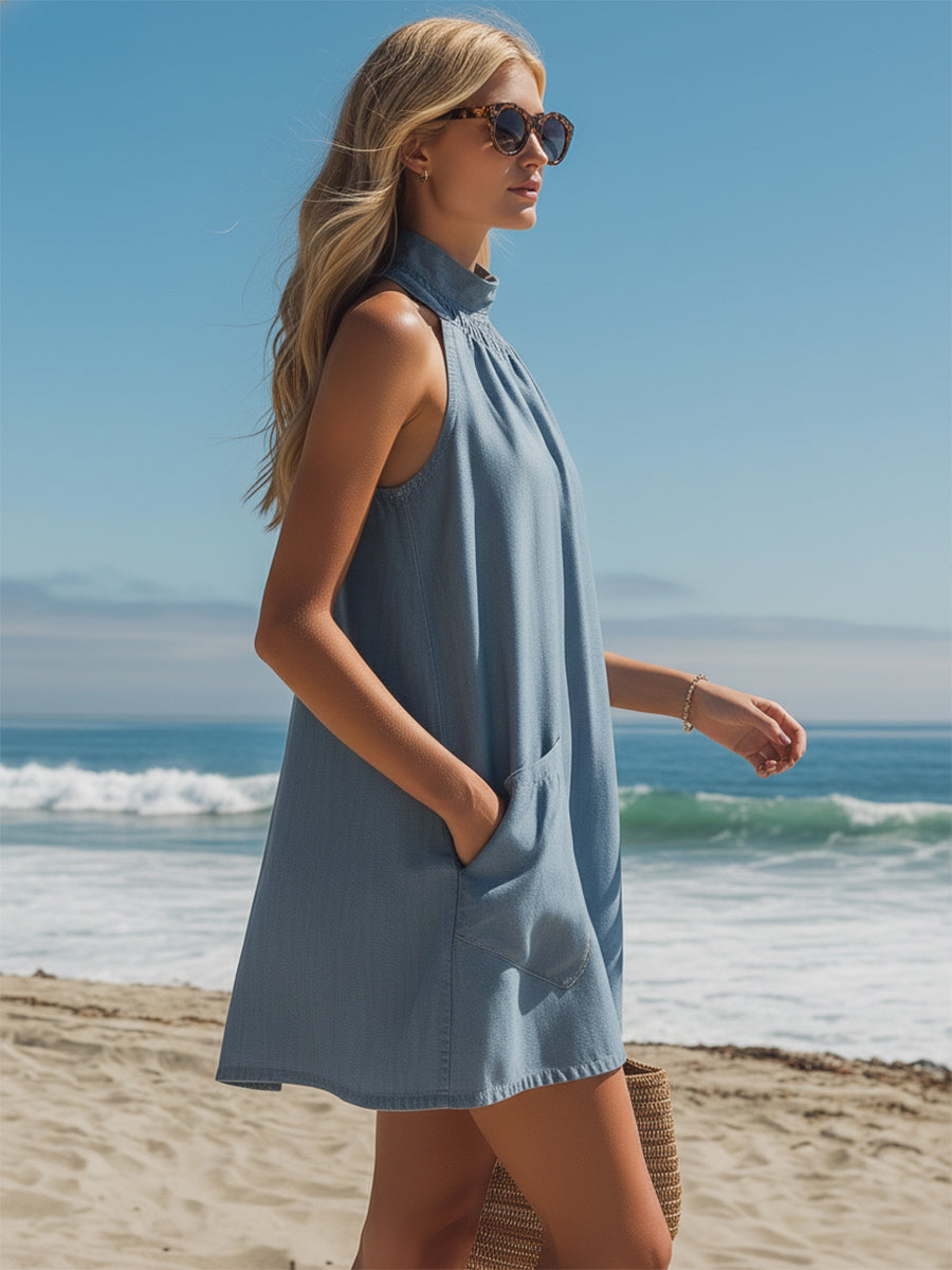 Casual Vacation Blue Halter Neck Pocket Sleeveless Mini Dress