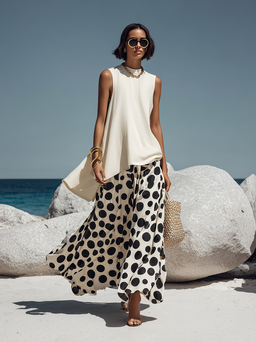 Vacation-style Tencel Top And Polka-dot Chiffon Wide-leg Pants Set