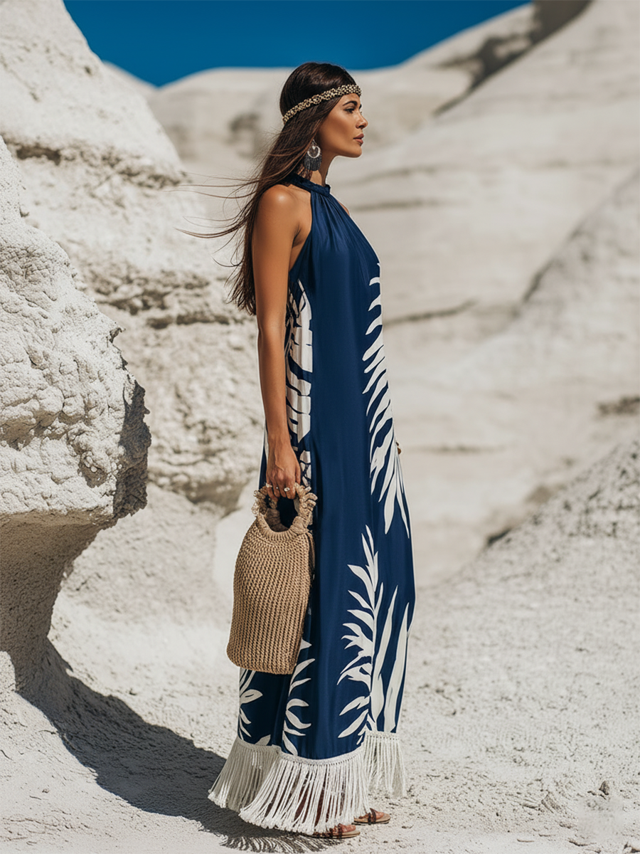 Bohemian Braided Neckline White Print White Fringed Hem Dark Blue Satin Maxi Dress