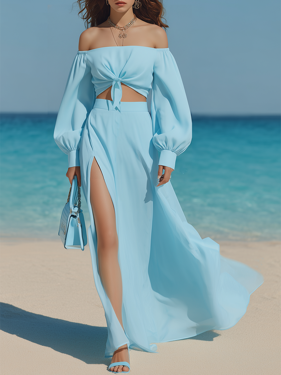 Vacation-style Blue Chiffon Off-the-shoulder Top And Skirt Set