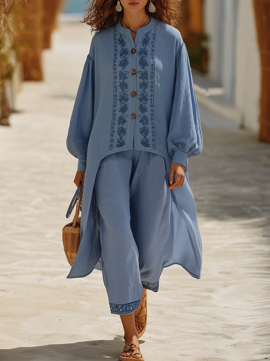 Bohemian Style Blue Tencel Embroidered Long-sleeved Shirt And Trousers Set
