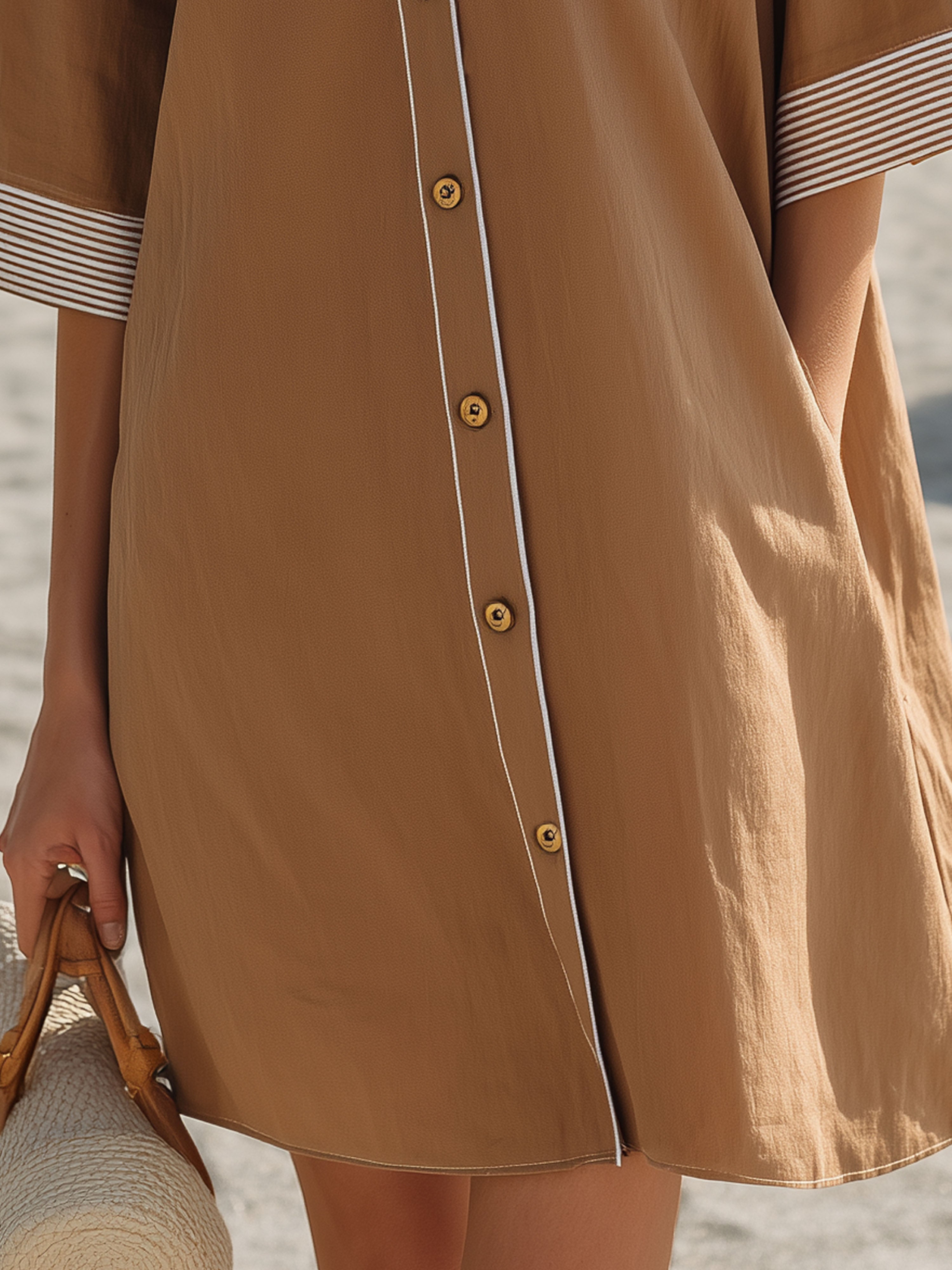Resort Brown Shirt Collar With White Stripes Mini Dress