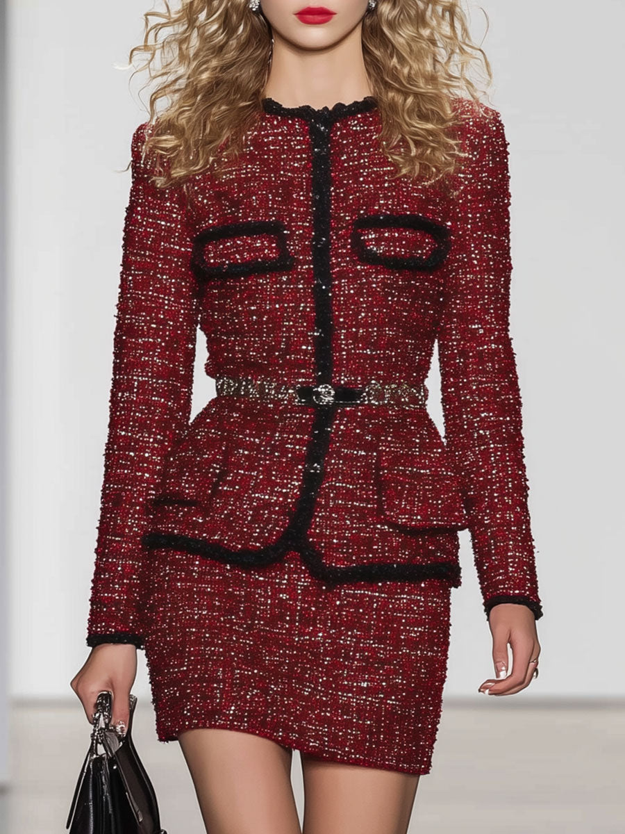 Fashion Retro Black Trim Burgundy Tweed Jacket And Skirt Suit