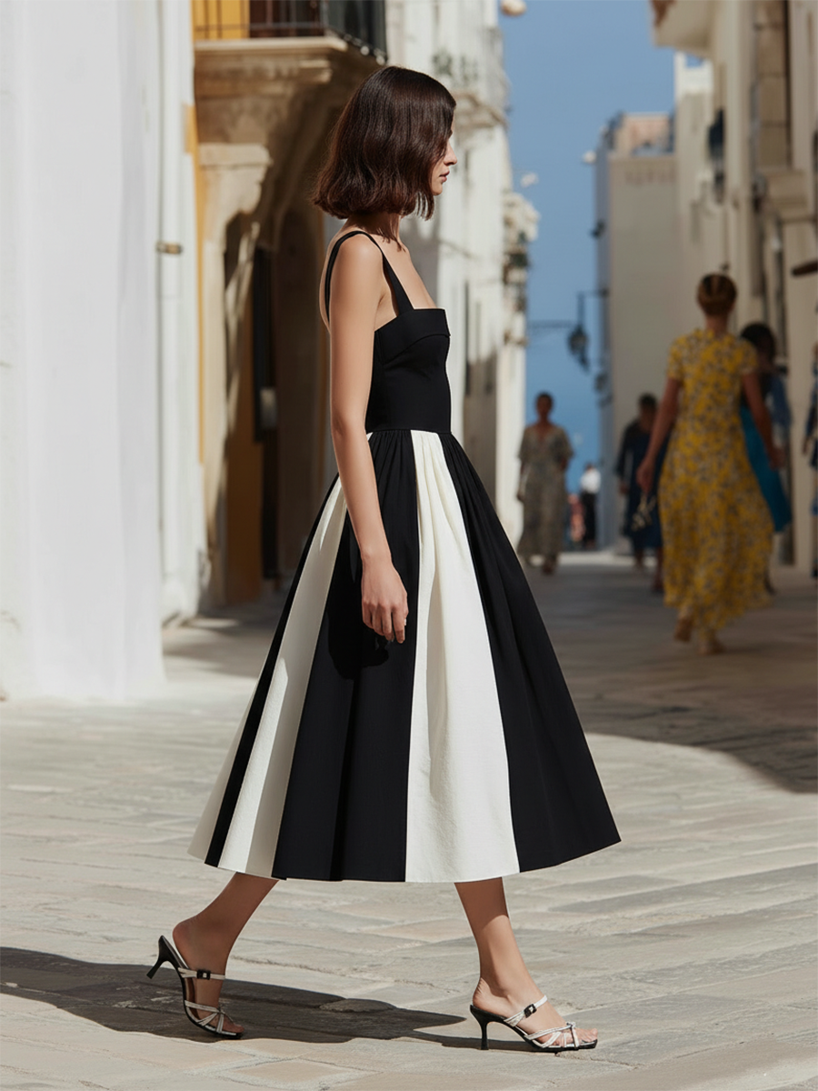 Vacation-style Cotton And Linen Color-block Off-the-shoulder Midi Dress