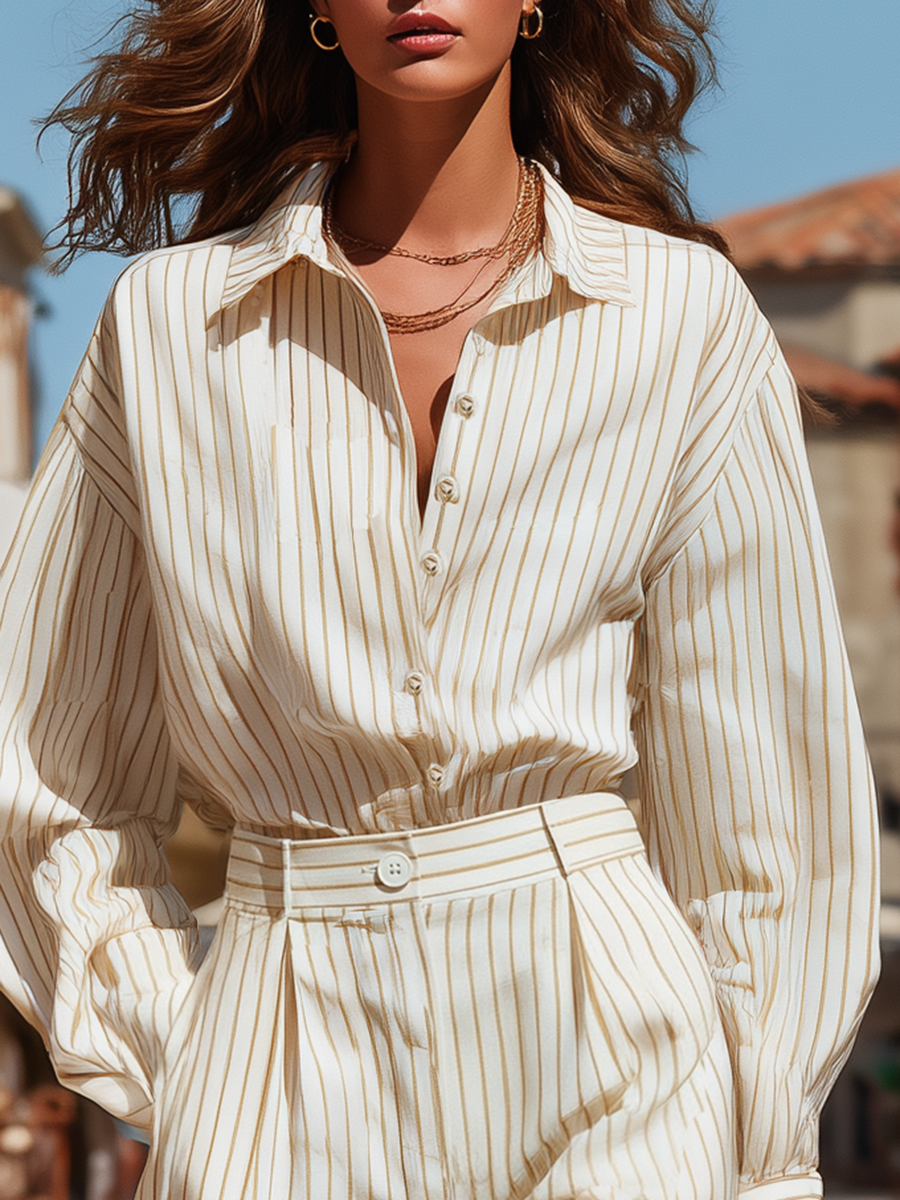 Vacation-style Cotton Striped Shirt And Trousers Set