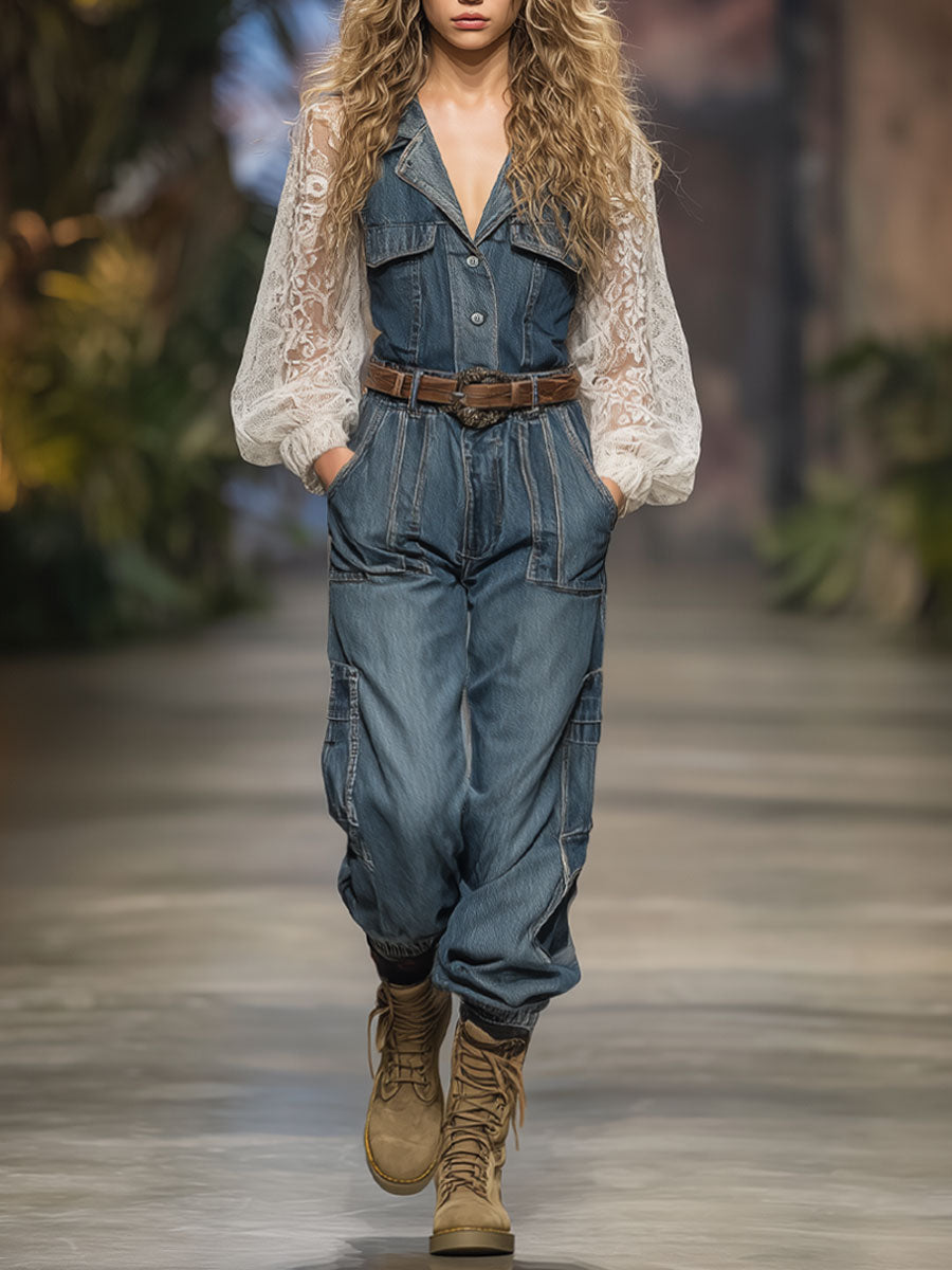Vintage Blue Washed Denim Lace Paneled Waist Long-Sleeved Jumpsuit