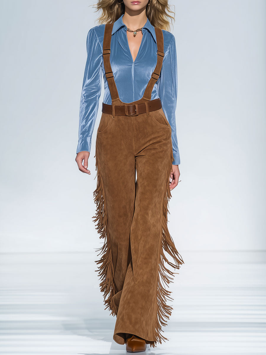Western Vintage Caramel Suede Wide-Leg Tassel Overalls