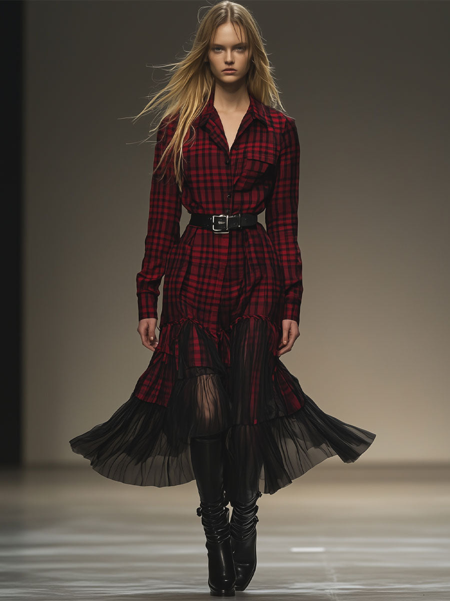Retro Red Plaid Mesh Stitching Long-Sleeved Shirt Midi Dress